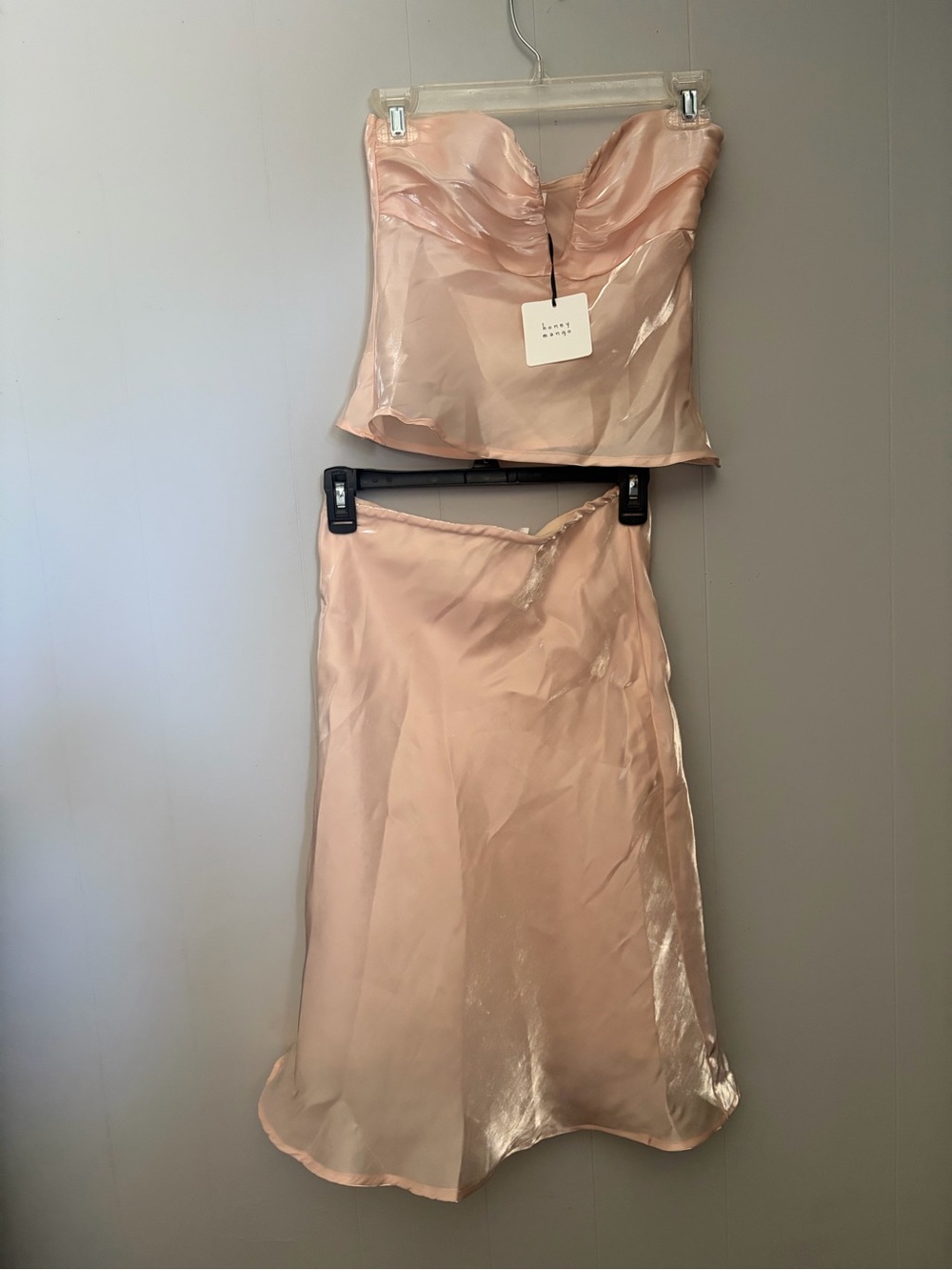Honey Mango Silky Blush Pink Satin Midi Skirt and top - Women's